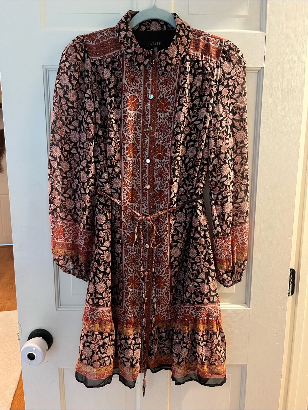 1. State Floral Button-Front Black & Rust Boho Dress with Gold Shimmer